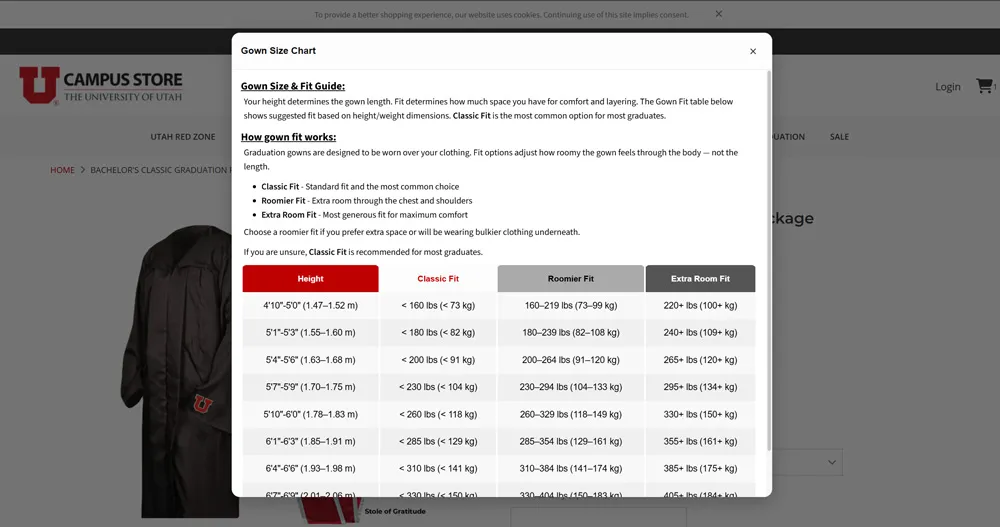 Graduation gown sizing table inside a modal.
